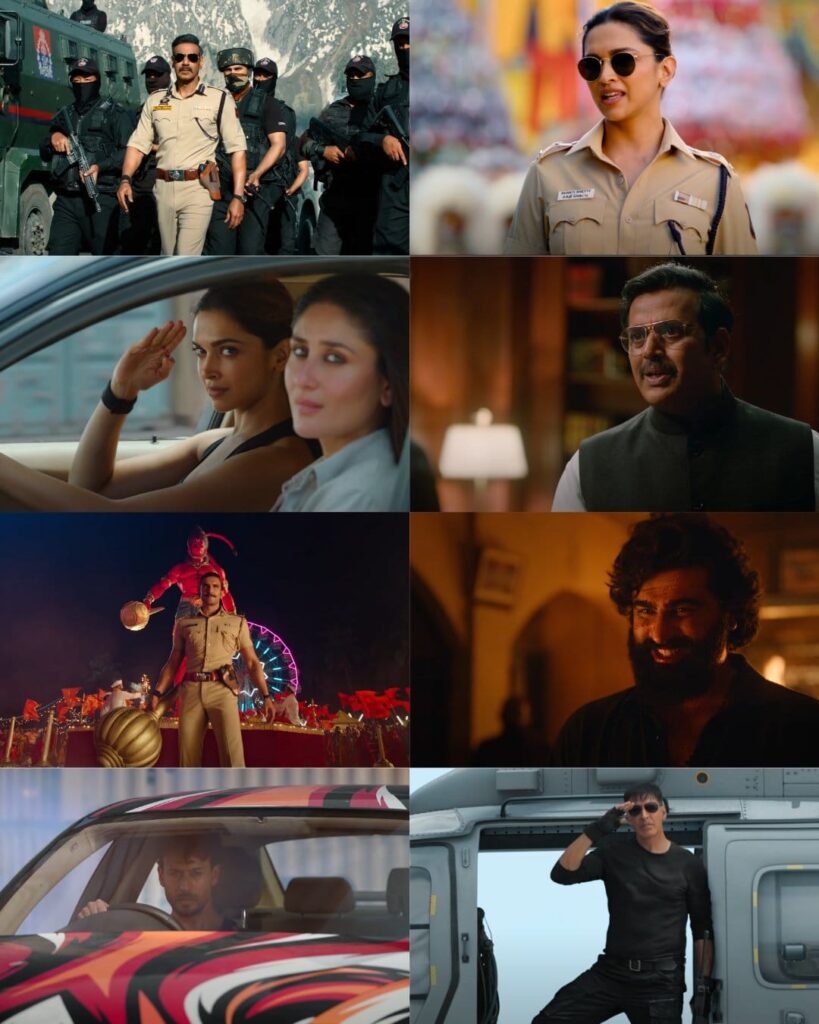 The film stars in Singham again  Ajay Devgn, Kareena Kapoor, Akshay Kumar, Ranveer Singh, Deepika Padukone, Tiger Shroff, Arjun Kapoor and Jackie Shroff ( twitter x ) 